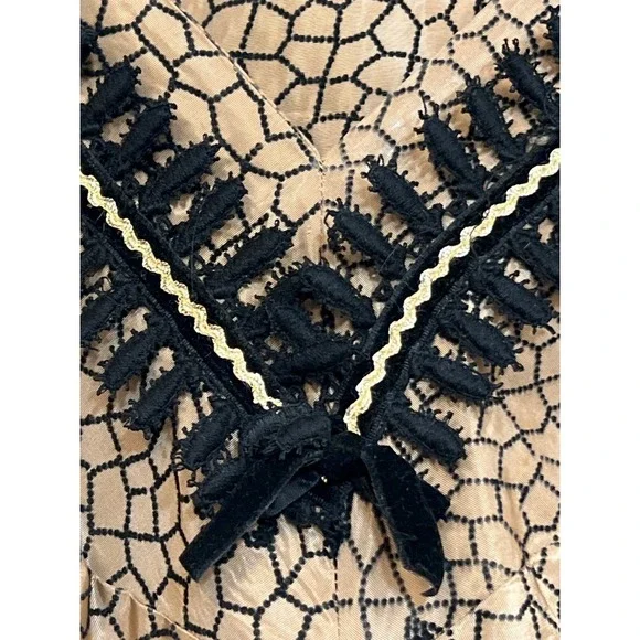 1940/50 Champaign Taffetta Cocktail Dress, Flocked W/ Velvet/Glitter Lace Trim S - Picture 6 of 12